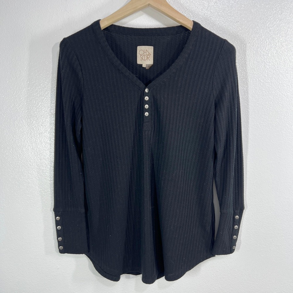 Chaser Heirloom Rib Henley Top Black Large Button Cuff Long Sleeve Soft Knit
